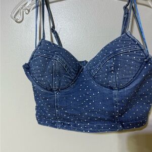 Blue Embellished Sleeveless Bustier Crop Top
